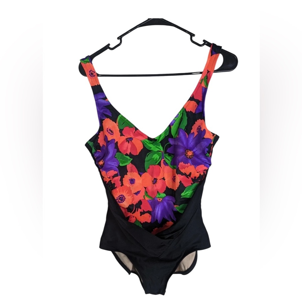 Vintage 90s  One Piece Swimsuit Size 16 Black Floral Neon, High Leg